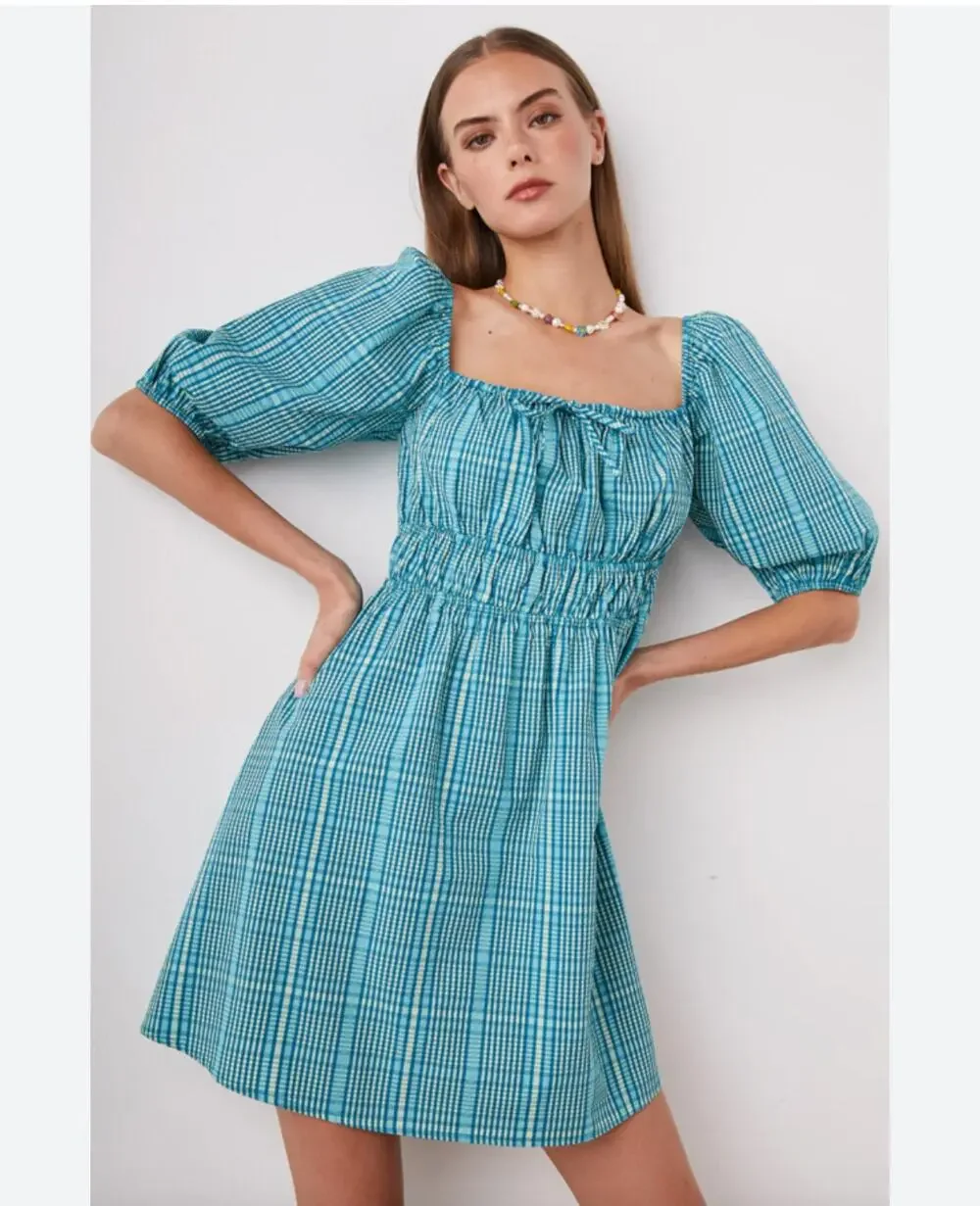 Rails Brenda Check Plaid Cotton Blend Minidress Augusta Size M NWOT Teal Blue